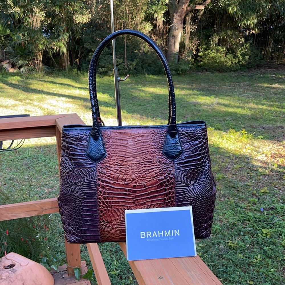 Brahmin anywhere tote in Truffle vertical Vineyard